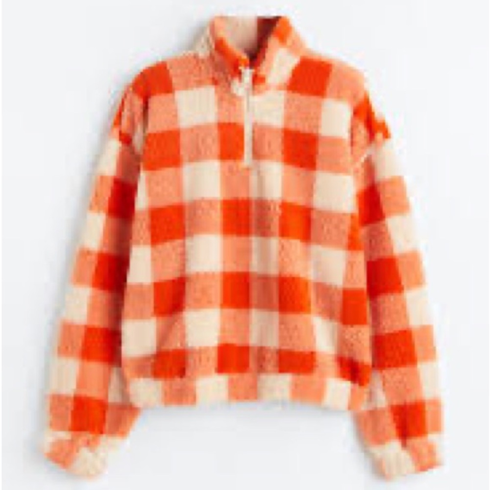 H&M Divided Orange and White Checkered Zip Top Teddy Pullover Sweater - Medium